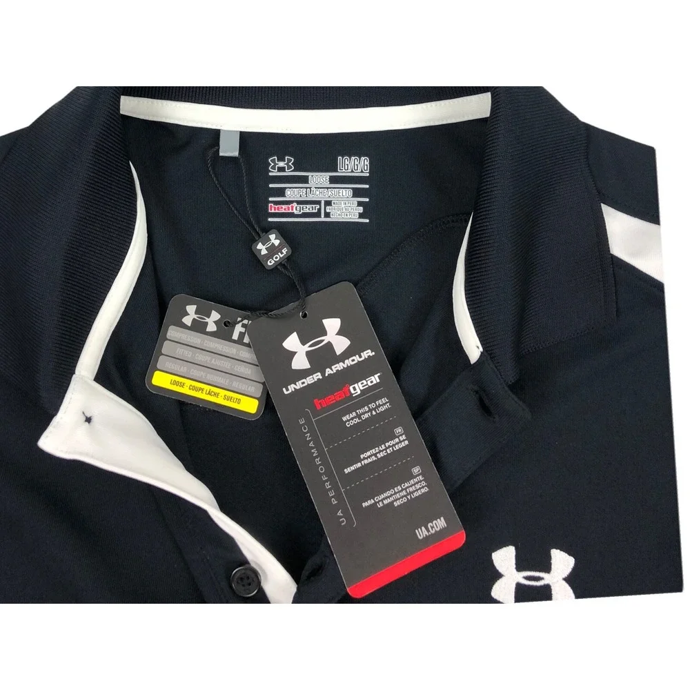 Under Armour Mens Large Polo Shirt Golf Black Short Sleeve Stretch NWT $59.99